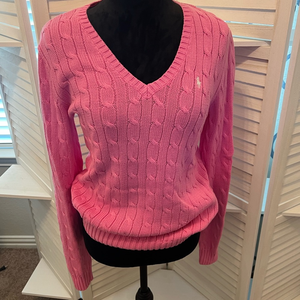 Pink Cable Knit V-Neck Sweater